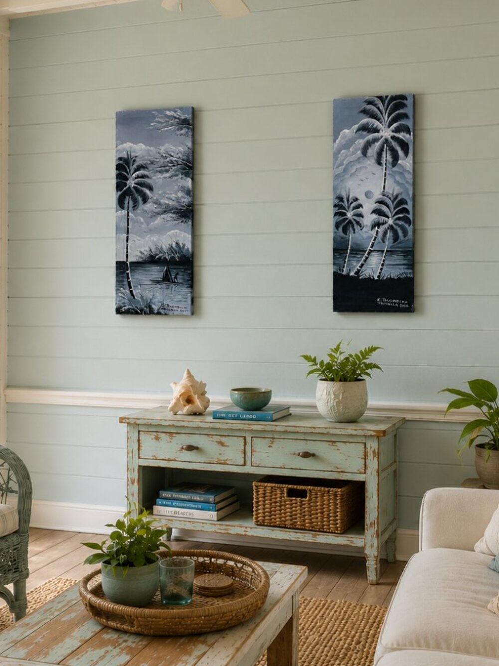 Monochrome Tropical Palm Tree Seascape Folk Art Acrylic Paintings E Thompson